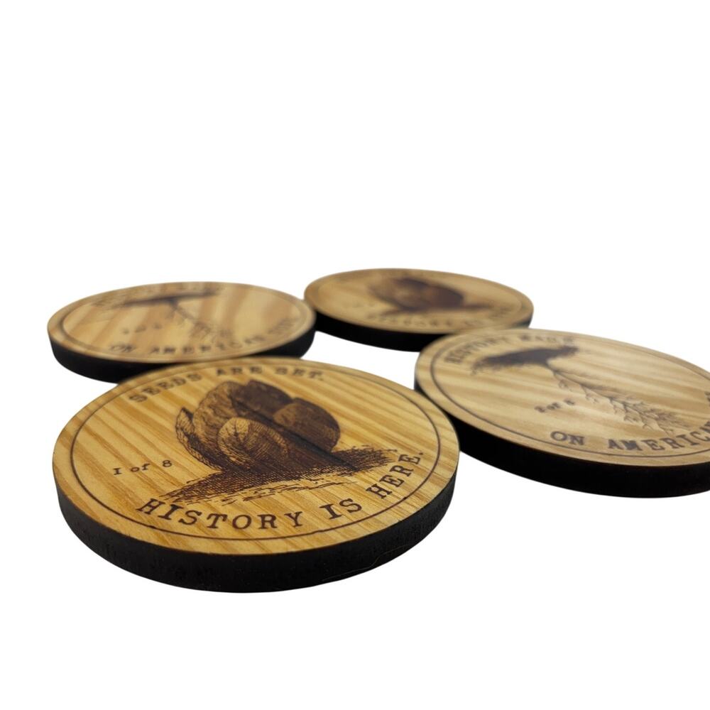 Copenhagen Wooden Coasters Set 4 Nature Print Solid Wood‎ Round USA Limited - Picture 4 of 4